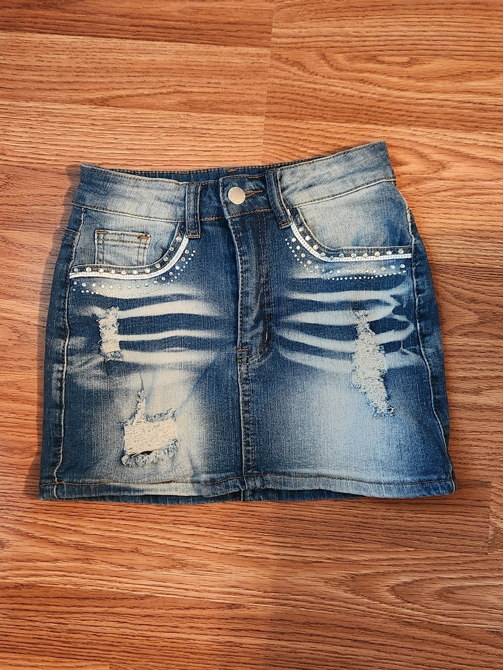 Blue Distressed Denim Mini Skirt with Rhinestone Trim, Size XS